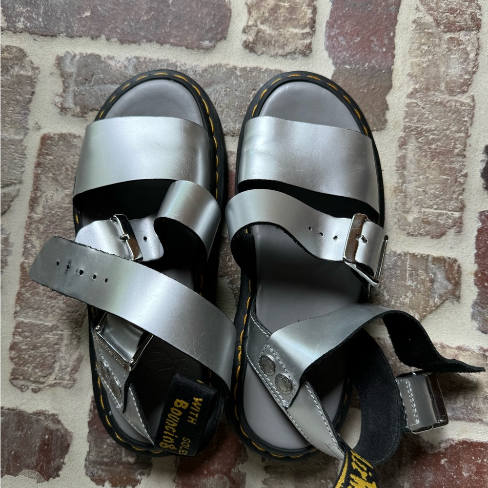 Dr. Martens Silver Metallic Buckle Strap Sandals
